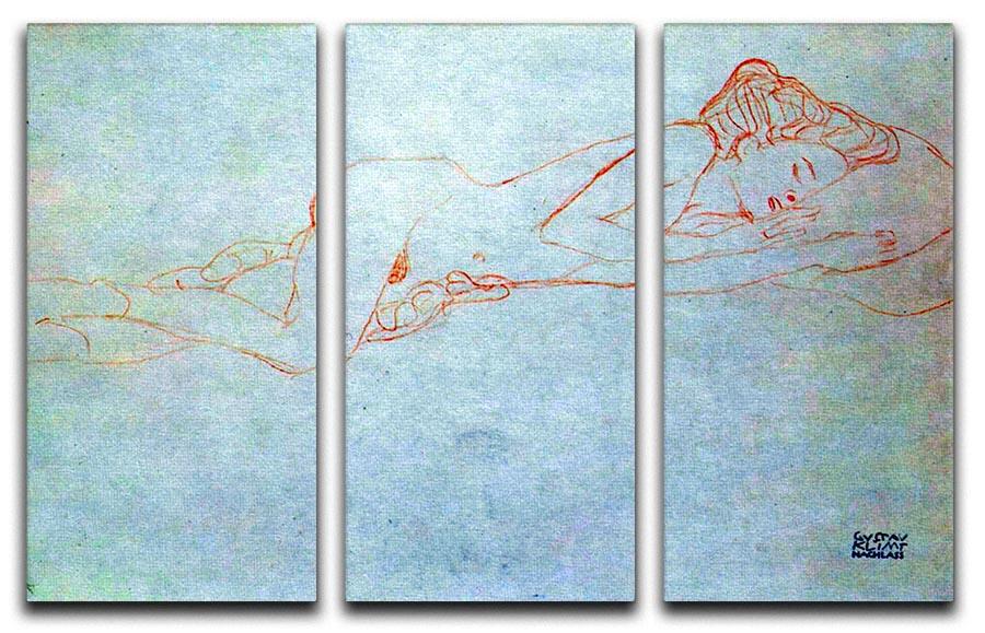 Three-panel canvas print of Klimt's Liegender female nude, showcasing elegant art for home decor.